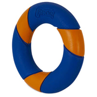 The Chuckit! Ultra Squeaker Ring, a durable blue and orange dog toy with alternating segments and the brand embossed on a blue section, is perfect for fetching or pairing with the Chuckit! RingChaser Launcher.