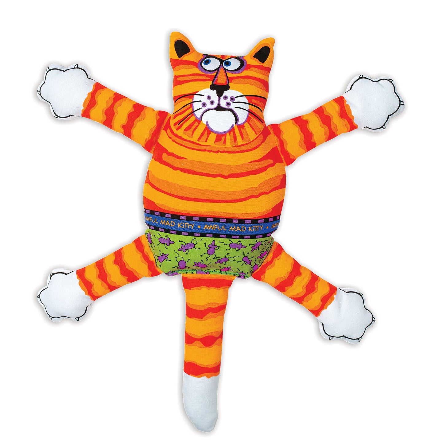 Meet the FAT CAT Terrible Nasty Scaries Dog Toy by Fatcat, a vibrant plush featuring an orange-striped cat with cartoonish purple and green patterned pants, a comical wide-eyed expression, and a squeaker inside. Its crafted from durable canvas for long-lasting play!.
