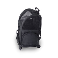 The Gen7Pets Black Geometric Roller-Carrier by Gen7 is a black backpack on wheels, featuring a mesh front and top for ventilation and a zippered pocket. It’s designed with a smart-level platform for easy transport of small pets.