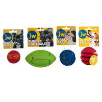 Introducing the JW Squeak-ee Dog Toy Bundle by Jw, a delightful set of four dog toys featuring playful pup pictures: a red round ball, green football-shaped toy, blue crackle ball with holes, and a red Shake Me! grooved ball—ideal squeaky toys for your furry friend.