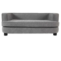Introducing the La-Z-Boy Bartlett Sofa Dog Bed, a small, modern gray sofa crafted from furniture-grade materials, featuring a cushioned seat and backrest on round black wooden legs for minimalist style and ultimate pet lounging comfort.