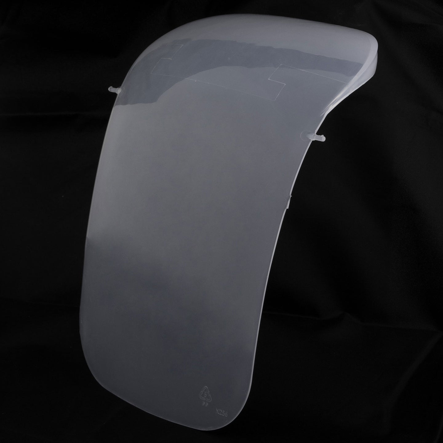 A Petmate Jumbo Hooded Litter Pan Replacement Door, resembling a face shield, is elegantly curved with side mounting clips and displayed against a black background.