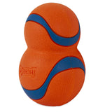 This orange fetch toy from Chuckit is crafted from durable rubber with a figure-eight design. It features blue curved lines and the iconic Chuckit! logo embossed on one side, reminiscent of the Chuckit! Ultra Tumbler.