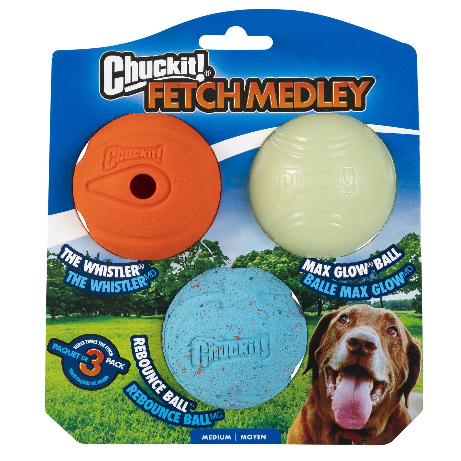 The Chuckit! Medium Fetch Medley Dog Ball Set comes with the Whistler, Max Glow Ball, and blue Rebounce ball. Ideal for medium-sized dogs, it features a joyful dog against mountains on the package.