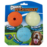 The Chuckit! Medium Fetch Medley Dog Ball Set comes with the Whistler, Max Glow Ball, and blue Rebounce ball. Ideal for medium-sized dogs, it features a joyful dog against mountains on the package.