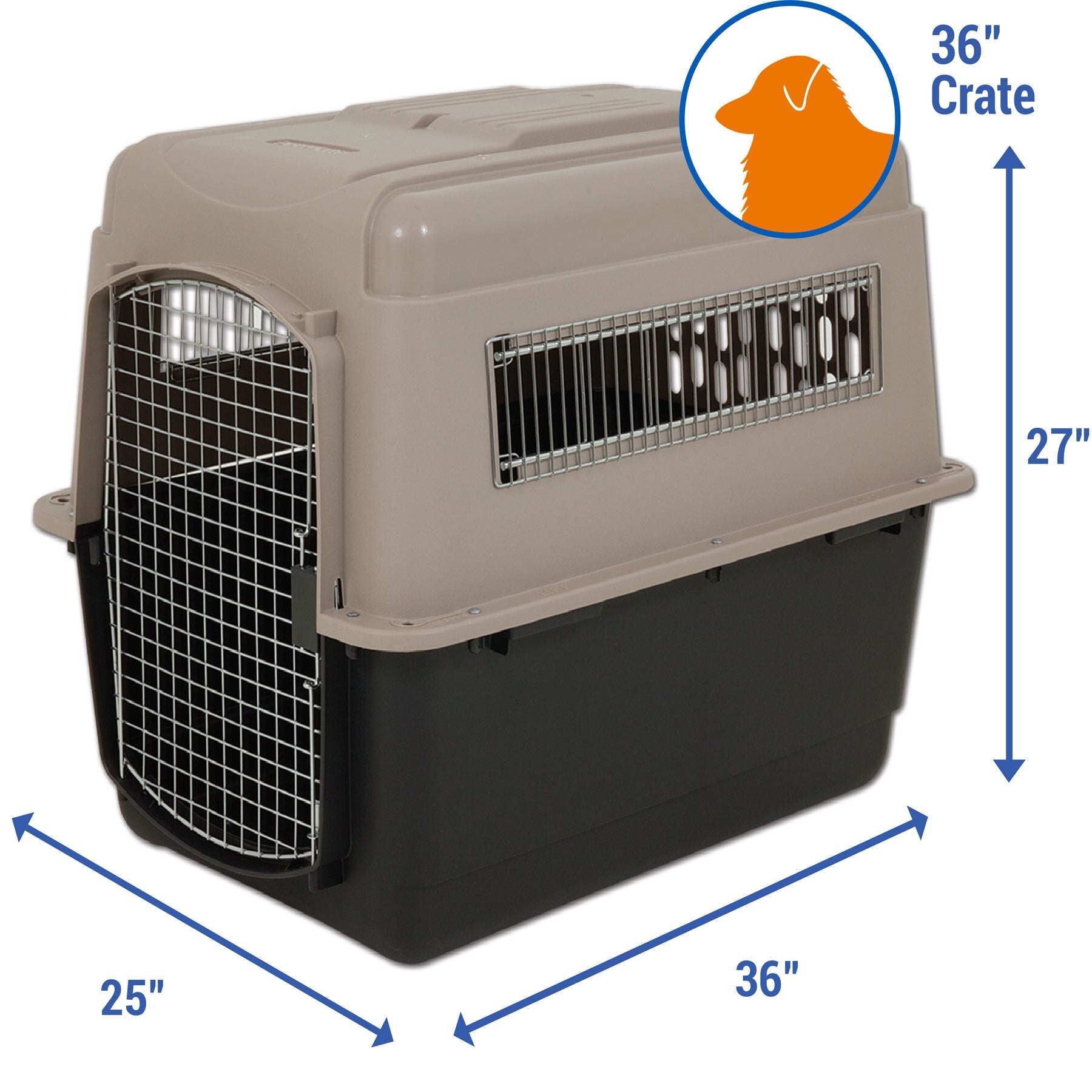 The Petmate Ultra Vari Kennel is a spacious pet crate with a beige top and black bottom, metal wire windows and door, ideal for airline travel. It measures 36 L x 25 W x 27 H and features a dogs head silhouette for suitability.