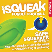 Close-up of a green JW iSqueak Funble Football Dog Toy made of heavy-duty rubber, with SAFE SQUEAKER TECHNOLOGY™. The toy features a secure squeaker to prevent choking. Background is yellow with red trim on the right.