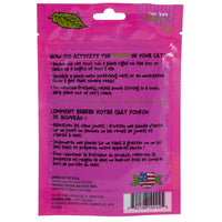 The back of the vibrant pink FAT CAT Zoom Around The Room Organic Catnip package features instructions in English and French for effective use while maintaining freshness. It includes a cats silhouette, an American flag emblem, and a handy hang tab from Fatcat.