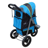 The Gen7Pets G7 Pet Stroller by Gen7, in blue and black, features mesh windows, a cup holder, large shock-absorbing wheels, a gray frame with lime green accents, multiple storage pockets, and a sturdy handle for comfortably accommodating your large dog.