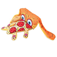 The FAT CAT Foodies Puppy-Roni Dog Toy by Fatcat is a plush pepperoni pizza slice with cartoon features: blue eyes, an open mouth, floppy crust ears. Made of durable polyester, it includes a squeaker and has a surface that mimics bubbly cheese and toppings.