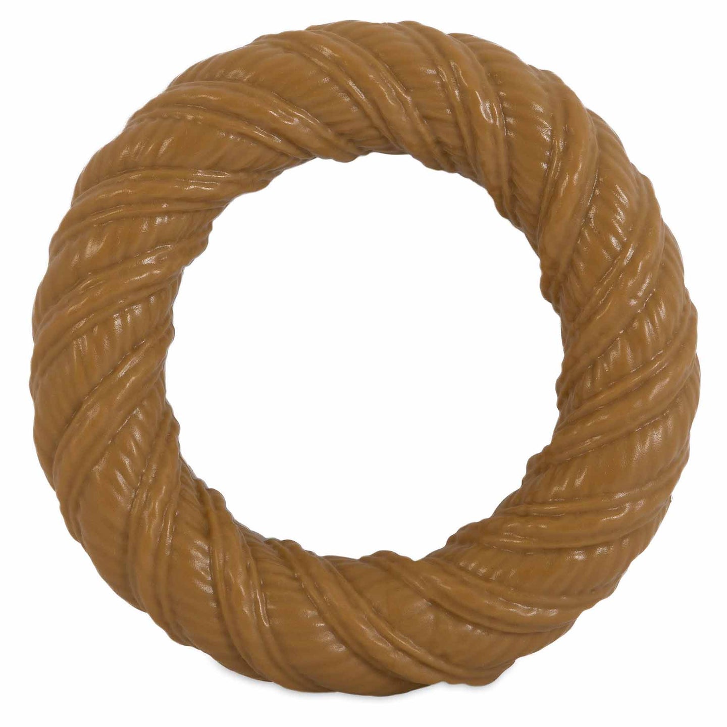 BarkBone Natural Instinct Peanut Butter Infused Nylon Chew Ring by Barkbone Natural Instincts, a brown textured coiled rope lookalike torus, stands against a white background and is ideal for tough chewers.
