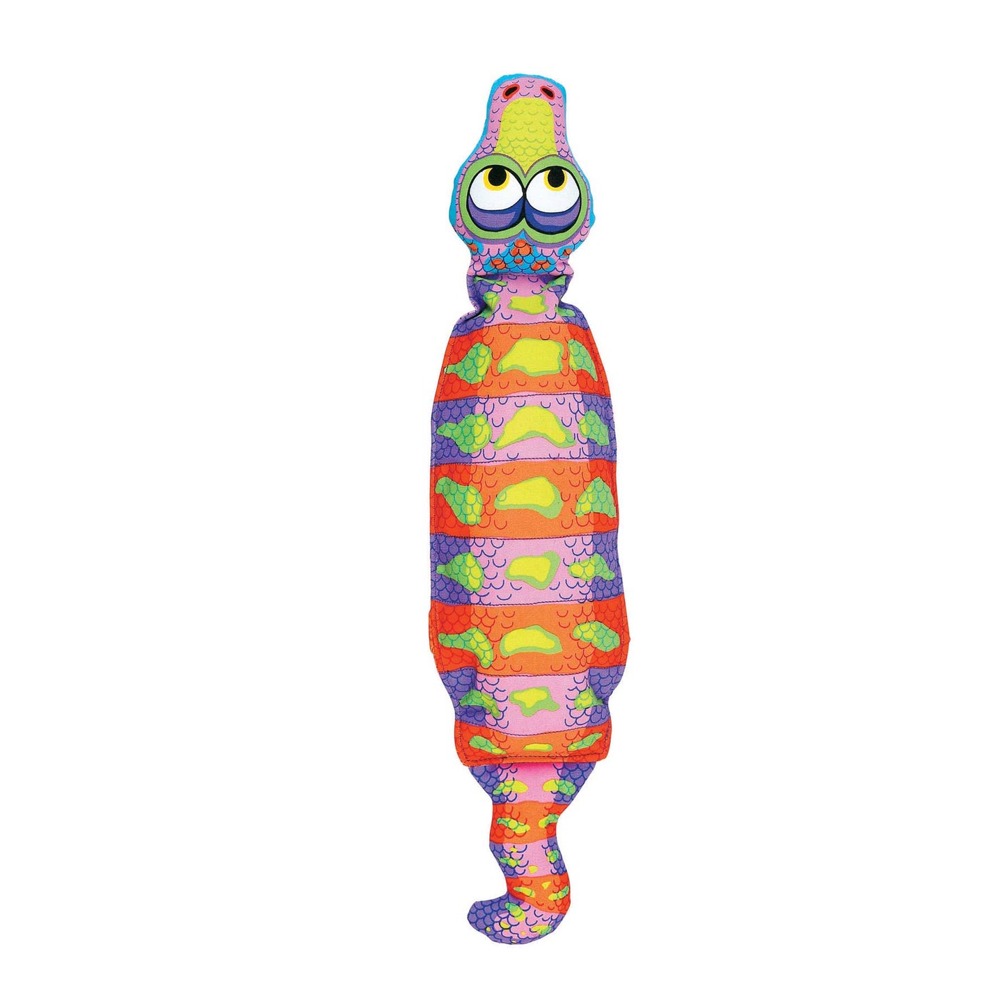 The FAT CAT Water Bottle Crunchers Dog Toy by Fatcat is a vibrant, abstract creature with a tall cylindrical body and curled tail made from heavy-duty canvas. Its small head features large cartoonish eyes and a colorful striped pattern, making it resemble a playful refillable dog toy.