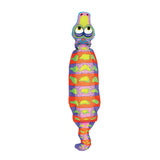 The FAT CAT Water Bottle Crunchers Dog Toy by Fatcat is a vibrant, abstract creature with a tall cylindrical body and curled tail made from heavy-duty canvas. Its small head features large cartoonish eyes and a colorful striped pattern, making it resemble a playful refillable dog toy.