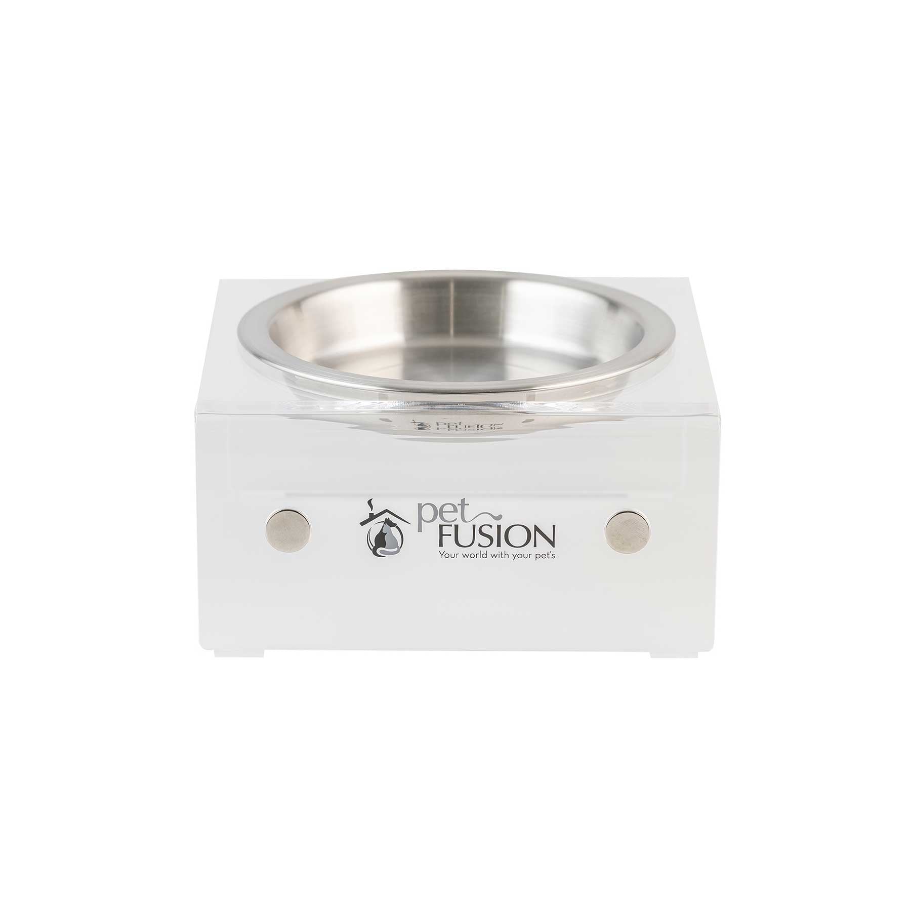 The PetFusion Elevated Bowls For Dogs & Cats feature a clear, acrylic stand with a stainless steel bowl, ideal for multi-pet homes. Its rectangular design with two round knobs promotes healthy digestion, elegantly resting on a plain white backdrop.