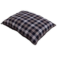 The Aspen Pet Large Plaid Pillow Dog Bed is made from eco-friendly recycled polyester, featuring a classic black, gray, and white checkered pattern. Its large size offers comfort and makes it ideal for lounging or as a decorative accent.