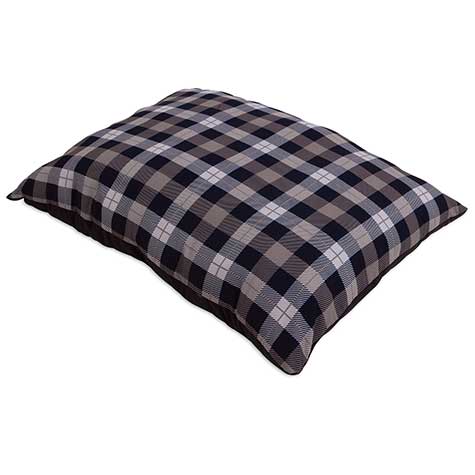 The Aspen Pet Large Plaid Pillow Dog Bed is made from eco-friendly recycled polyester, featuring a classic black, gray, and white checkered pattern. Its large size offers comfort and makes it ideal for lounging or as a decorative accent.