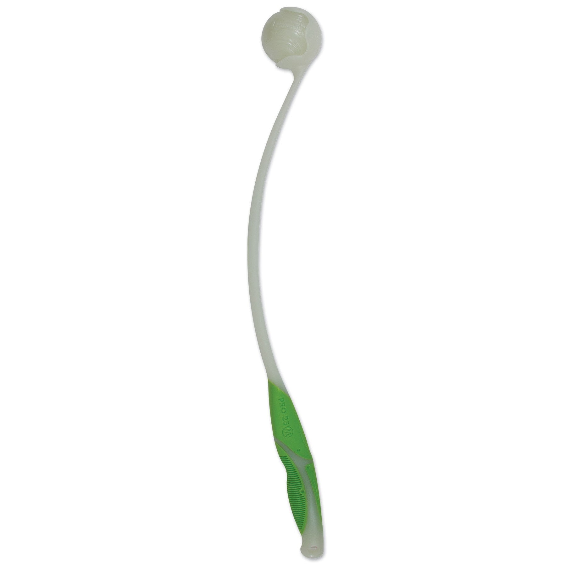The Chuckit! Pro Max Glow Launcher by Chuckit is a green and white plastic dog fetch toy featuring an ergonomic grip handle and curved shaft. It includes the Max Glow ball, which glows in the dark for nighttime play, ensuring its securely held during fetch sessions.