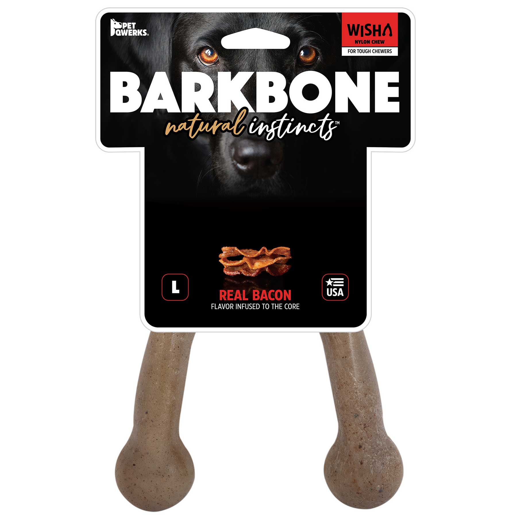 Packaging for the BarkBone Natural Instincts Wishbone Bacon-Infused Nylon Dog Chew features Durable Nylon Chews with a dogs eyes and bacon slices, highlighting its Real Bacon flavor in size L. It includes USA and Pet Qwerks logos.