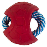 The JW Fits All Treat Ball Dog Toy by Jw features a red rubber hexagonal pattern design with a mentally stimulating twist, incorporating a blue and white braided rope threaded through the center.
