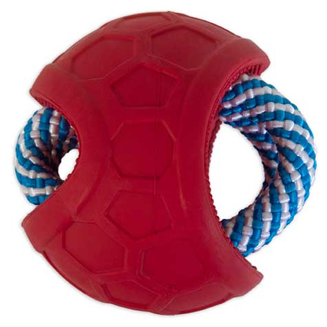 The JW Fits All Treat Ball Dog Toy by Jw features a red rubber hexagonal pattern design with a mentally stimulating twist, incorporating a blue and white braided rope threaded through the center.