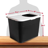 The Arm & Hammer Top Entry Litter Box, a black rectangular container with a non-slip textured lid and Microban antimicrobial protection, measures 15.2 W x 15 D x 20.2 H and sits on a wooden surface with a silhouette nearby for scale.