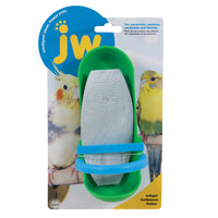 Explore the JW Cuttlebone Holder by Jw, a colorful birdcage accessory in green and blue, perfect for parakeets and canaries. It includes a cuttlebone with packaging showcasing bird images and key product details.