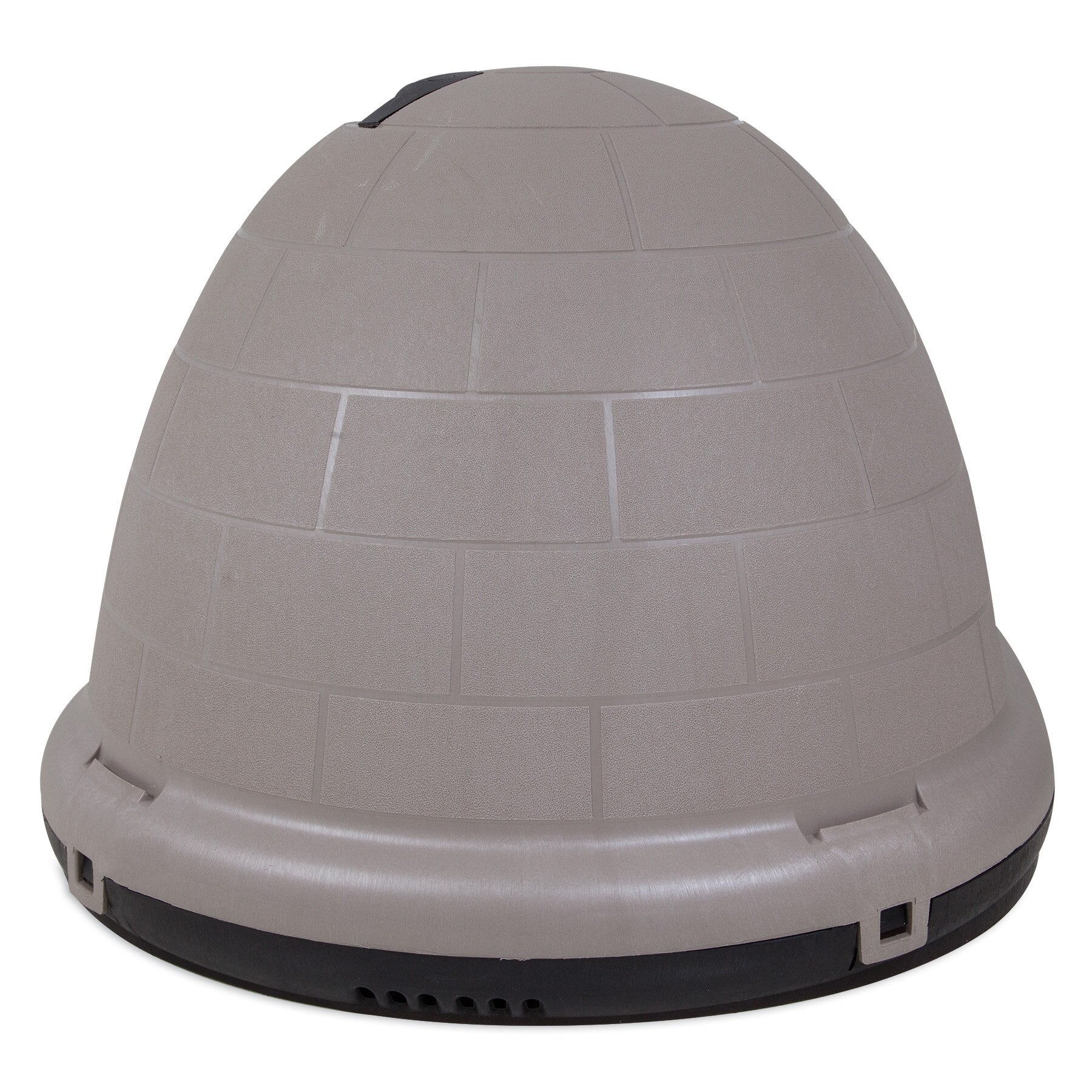 Introducing the Petmate Indigo Dog House: an igloo-shaped, pale gray haven for pets. Made from durable plastic with a subtle brick pattern and a sturdy black base, this charming outdoor shelter offers cozy comfort for small animals.