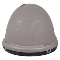 Introducing the Petmate Indigo Dog House: an igloo-shaped, pale gray haven for pets. Made from durable plastic with a subtle brick pattern and a sturdy black base, this charming outdoor shelter offers cozy comfort for small animals.