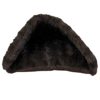 The Aspen Pet Kitty Cave Cat Bed by Aspen Pet is a triangular, dark brown cat cave featuring a cozy opening. Made from soft, fluffy material, it offers warmth and comfort with a plush interior that ensures your pet feels secure.