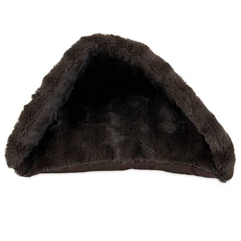 The Aspen Pet Kitty Cave Cat Bed by Aspen Pet is a triangular, dark brown cat cave featuring a cozy opening. Made from soft, fluffy material, it offers warmth and comfort with a plush interior that ensures your pet feels secure.