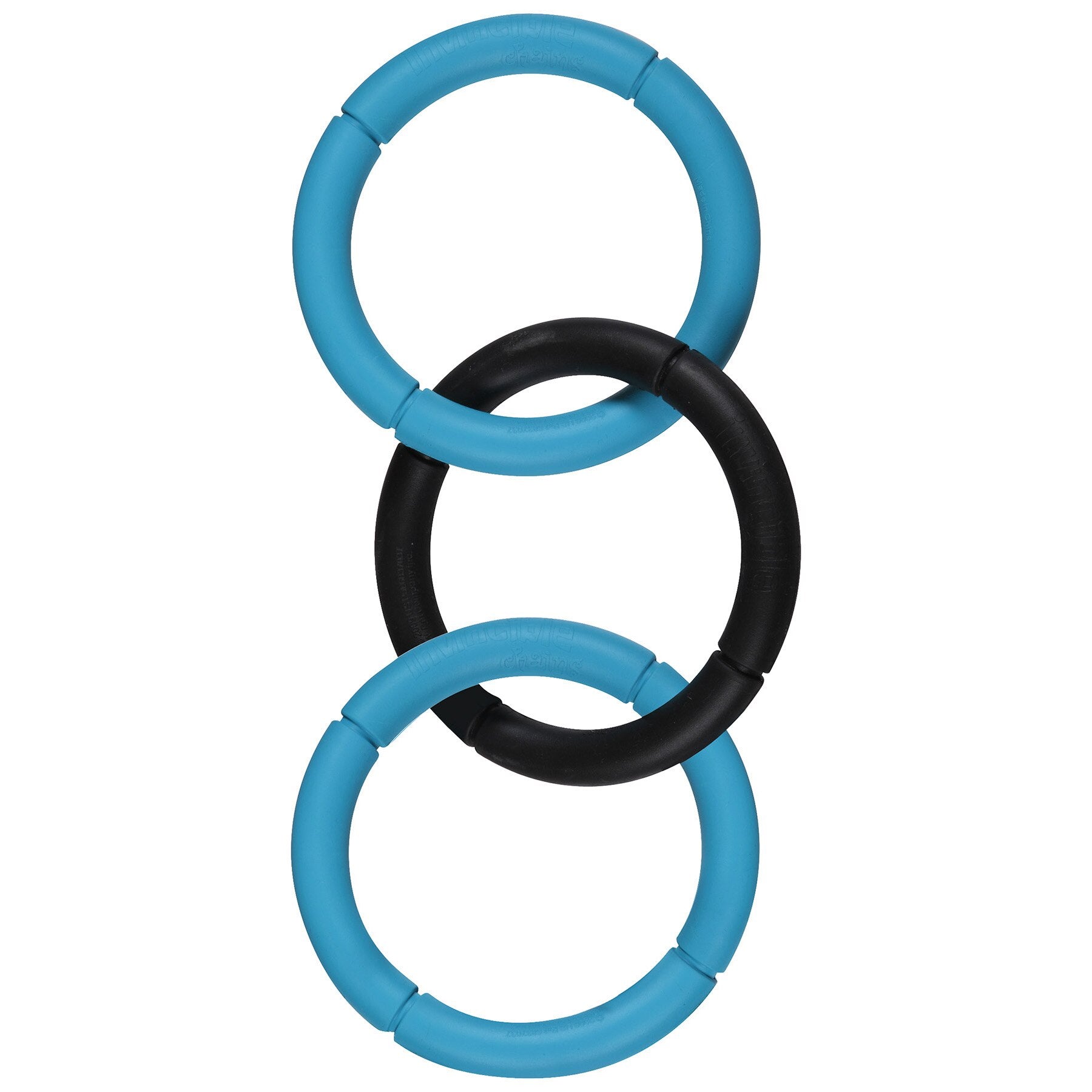 The JW Invincible Chains Dog Toy by Jw features three vertically interlocking rings, with the top and bottom in blue and the middle in black. Its smooth, segmented design forms a durable abstract chain pattern, perfect for interactive dog play, ensuring endless fun.