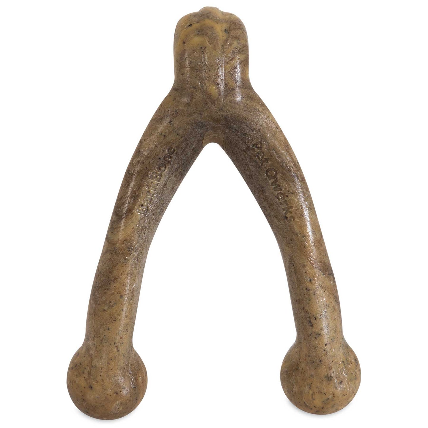 The Barkbone Natural Instincts Wishbone Peanut Butter-Infused Nylon Dog Chew is a brown, wishbone-shaped toy with two rounded ends and a textured surface, ideal for gnawing. Benebone and Pawplexer are engraved on the sides, offering durable nylon chews with a hint of irresistible peanut butter flavor.