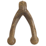 The Barkbone Natural Instincts Wishbone Peanut Butter-Infused Nylon Dog Chew is a brown, wishbone-shaped toy with two rounded ends and a textured surface, ideal for gnawing. Benebone and Pawplexer are engraved on the sides, offering durable nylon chews with a hint of irresistible peanut butter flavor.