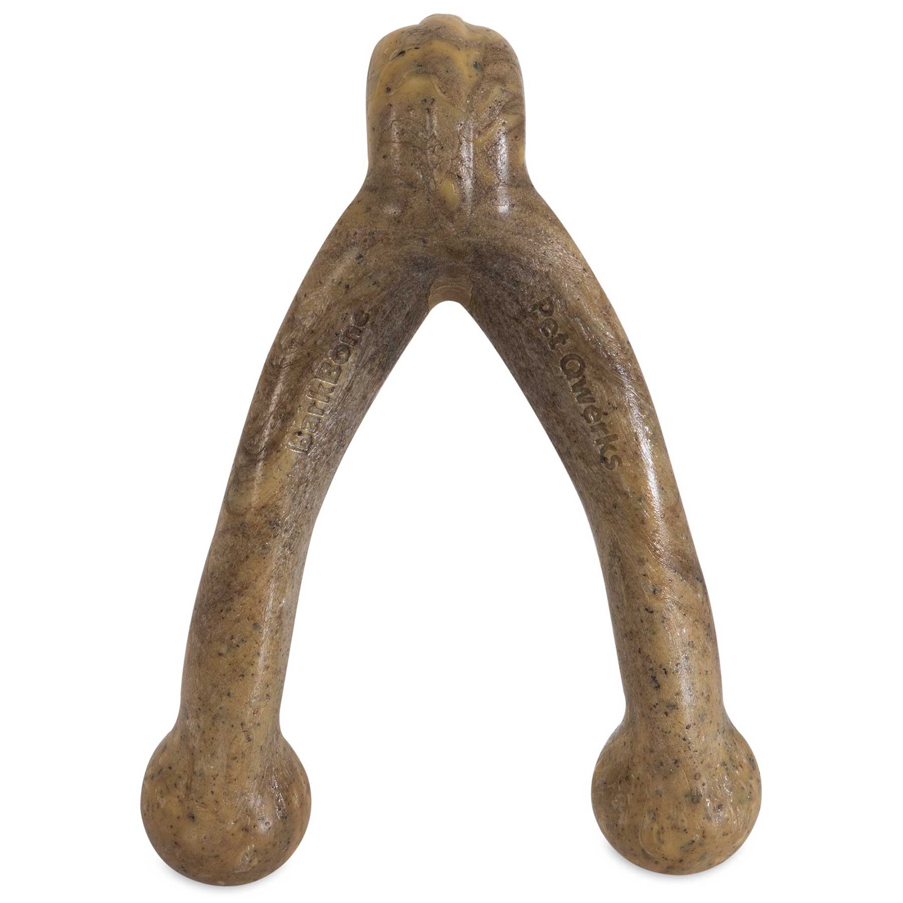 The Barkbone Natural Instincts Wishbone Peanut Butter-Infused Nylon Dog Chew is a brown, wishbone-shaped toy with two rounded ends and a textured surface, ideal for gnawing. Benebone and Pawplexer are engraved on the sides, offering durable nylon chews with a hint of irresistible peanut butter flavor.