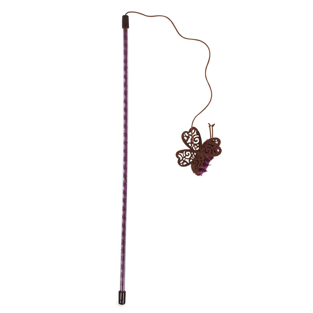 The JW Butterfly Cat Wand by Jw is made from durable materials, featuring a purple and black design with an attached string. A butterfly with intricate patterns and a small bell at the end captivates your feline friend.