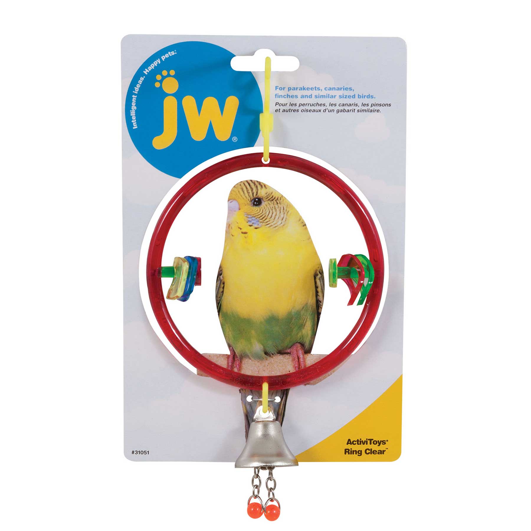The JW Bird Perch Ring & Toy Combo packaging showcases a colorful parakeet, featuring a circular ring with beads ideal for small birds like parakeets and finches. It prominently displays the JW brand logo and product name.