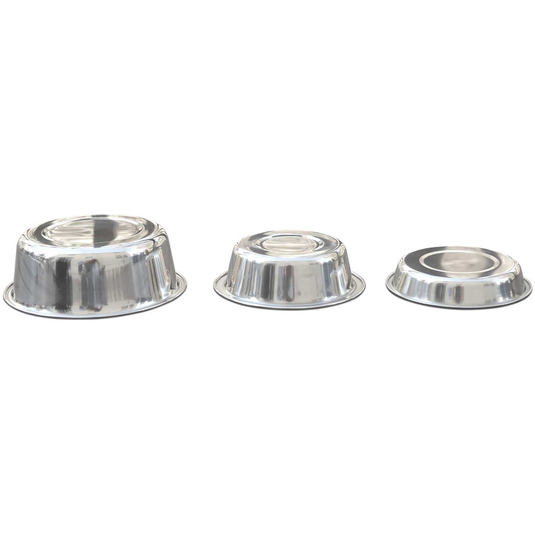 Three PetFusion Premium 304 food-grade stainless steel pet bowls, each dishwasher-safe and of different sizes, are shown upside down in a row on a white background. Their shiny surfaces reflect the smooth, metallic finish.