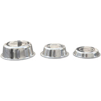 Three PetFusion Premium 304 food-grade stainless steel pet bowls, each dishwasher-safe and of different sizes, are shown upside down in a row on a white background. Their shiny surfaces reflect the smooth, metallic finish.