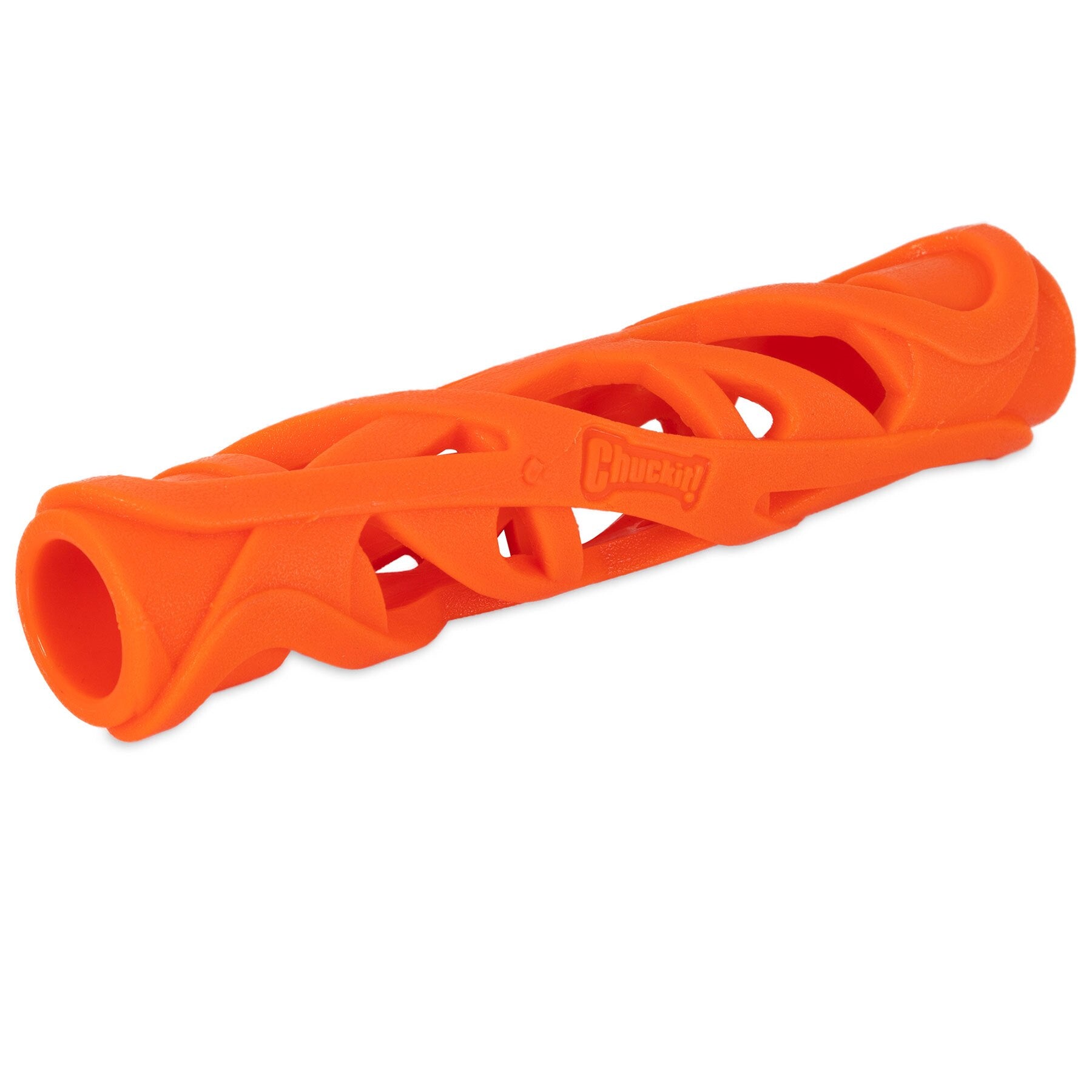 The Chuckit! Air Fetch Stick Dog Toy by Chuckit is an orange, cylindrical toy with a twisted, perforated design for better grip. Made from durable rubber, its ideal for chewing and fetching.
