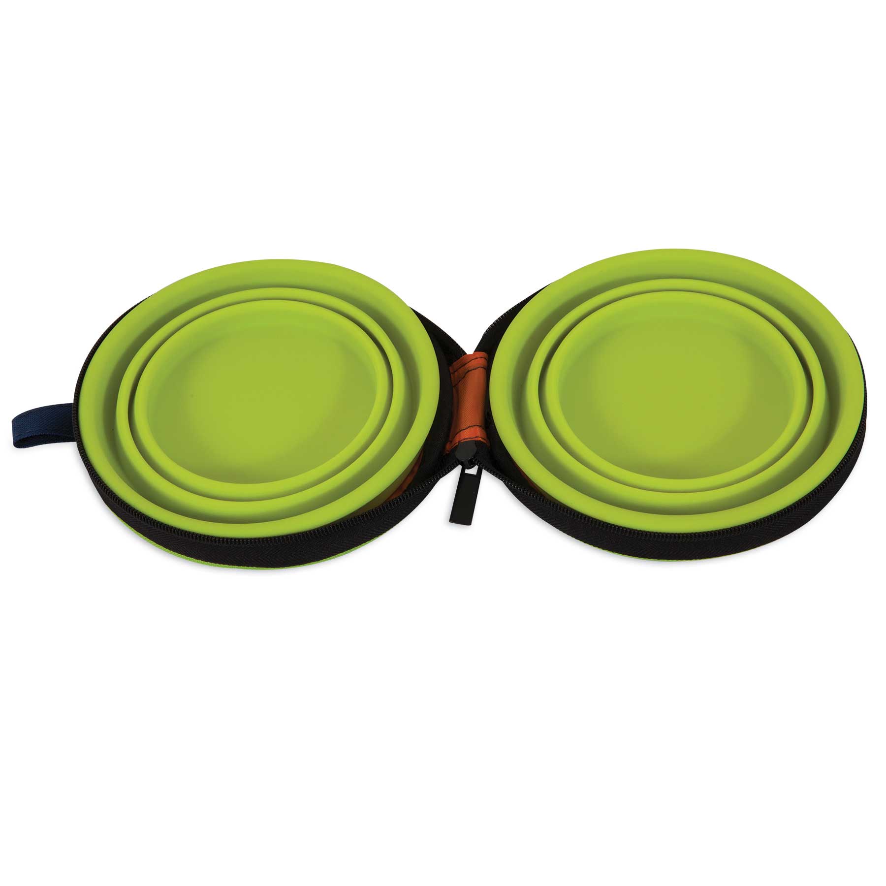 The Petmate Silicone Travel Bowl Duo by Petmate includes two green collapsible silicone bowls in an open black zippered case, ideal for travel. The nested bowls fit into grooves, while a small blue fabric loop accents the case.