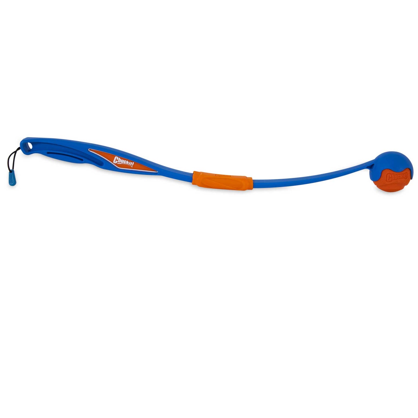 Introducing the Chuckit! Fetch & Fold Launcher by Chuckit: a stylish blue ball launcher with an orange rubber grip and small ball. Its curved design and loop make it ideal for hanging, enhancing playtime at the park.