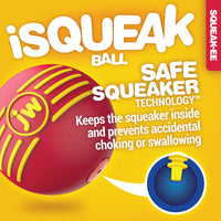 Illustration of a JW iSqueak Ball in red, made from heavy-duty rubber with three yellow lines. Text: Safe Squeaker Technology keeps the squeaker inside, preventing accidental choking or swallowing. A close-up reveals the innovative squeaker mechanism design by Jw.