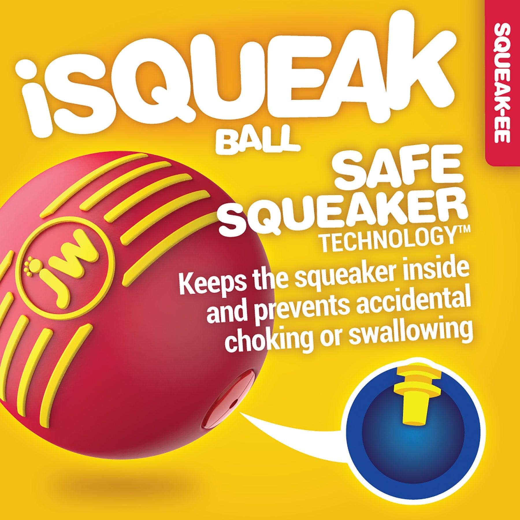 The JW iSqueak Ball 1pack by Jw, available in variable colors, uses Safe Squeaker Technology to secure the squeaker inside and prevent choking. Its durable rubber design includes an illustration showing the safe squeaker within the ball.