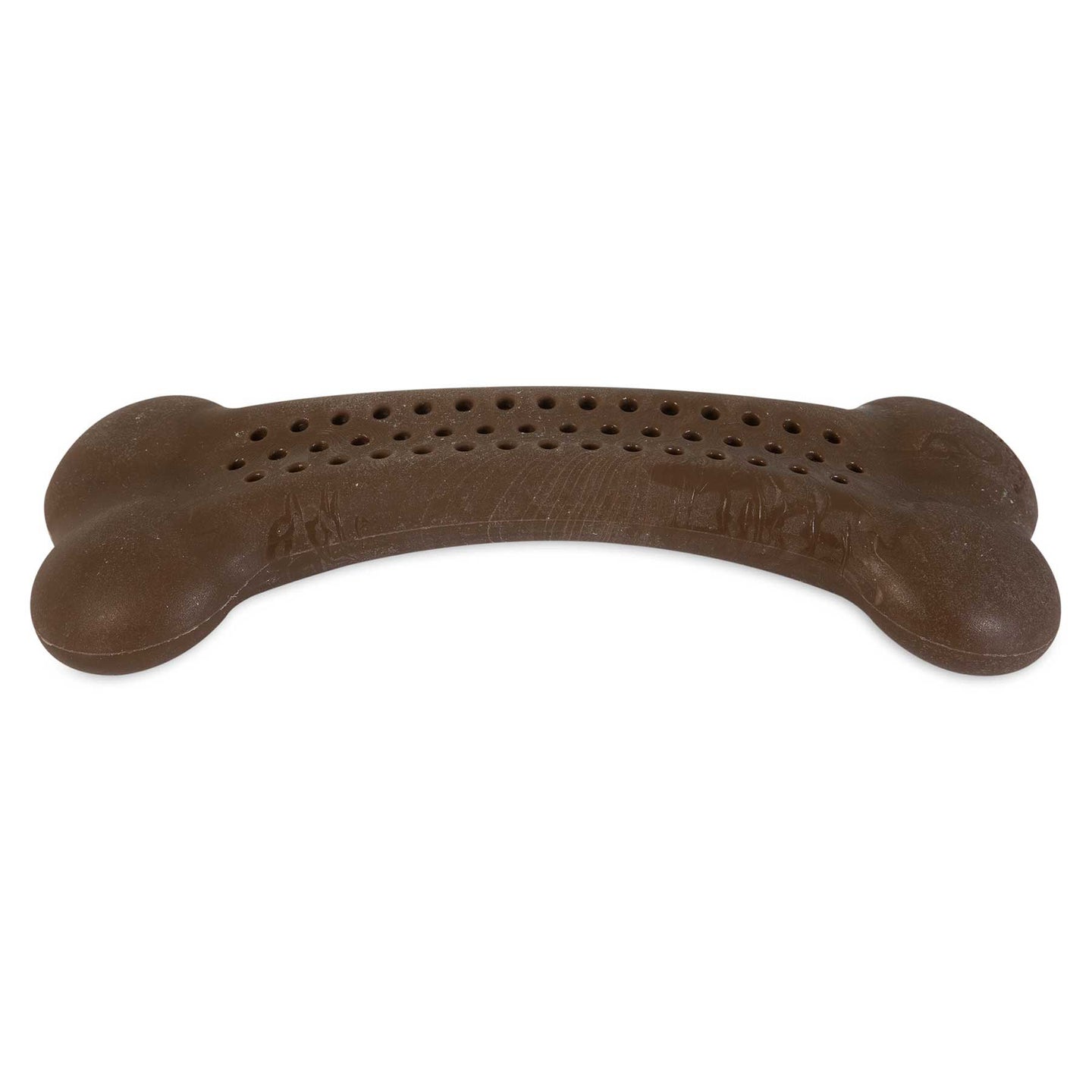 Presenting the BarkBone Natural Instincts Mesquite Chicken Flavorit Nylon Dog Chew by Barkbone Natural Instincts. This brown, bone-shaped toy is made from nylon with rounded ends and a perforated surface, slightly curved yet sturdy for your pets enjoyment.