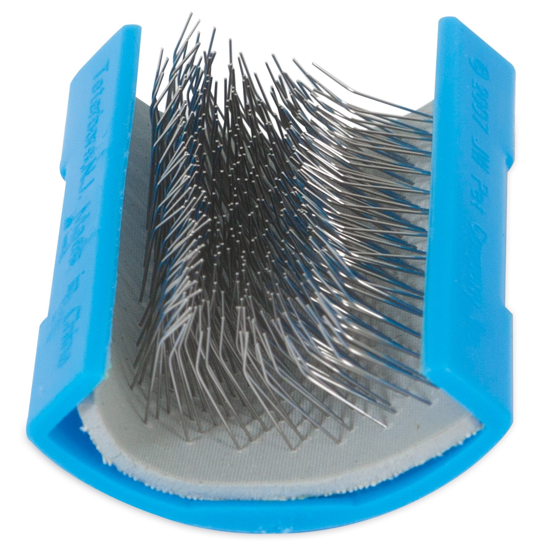 Image of the JW Bird Perch Cleaner by Jw, featuring a curved blue plastic handle and densely packed fine metal bristles. Perfect for detangling and removing loose fur to maintain a tidy bird environment.