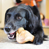 A black dog relaxes indoors, chewing diligently on a BarkBone Natural Instincts Nylon Pig Ear toy. Perfect for aggressive chewers, this product aids in dental hygiene. The dogs eyes are sharp with focus, while the background softly blurs into household items.