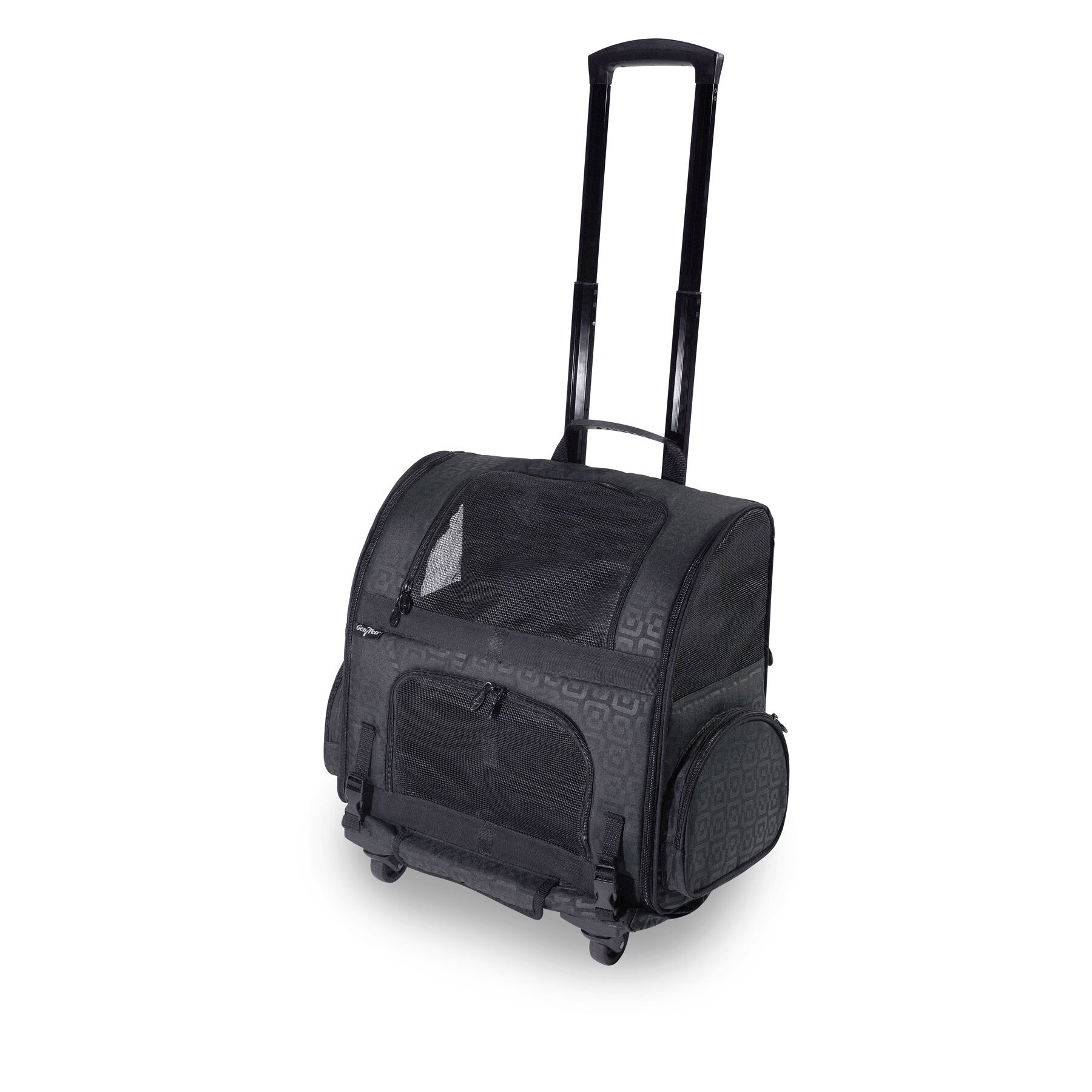 Introducing the Gen7Pets Black Geometric Roller-Carrier by Gen7: a stylish rolling pet carrier featuring a Smart-Level Platform, retractable handle, mesh ventilation panels, zippered compartments, and chic side pockets with a geometric pattern.