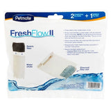 Package of Petmate Fresh Flow II Charcoal & Debris Filter by Petmate. The front features instructions, images of the debris filter, water chute, and charcoal filter slot, along with blue water splash graphics at the bottom.
