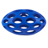 The JW Hol-ee Football Dog Toy by Jw is a blue, oval-shaped rubber toy with circular holes, offering a lightweight and flexible design.