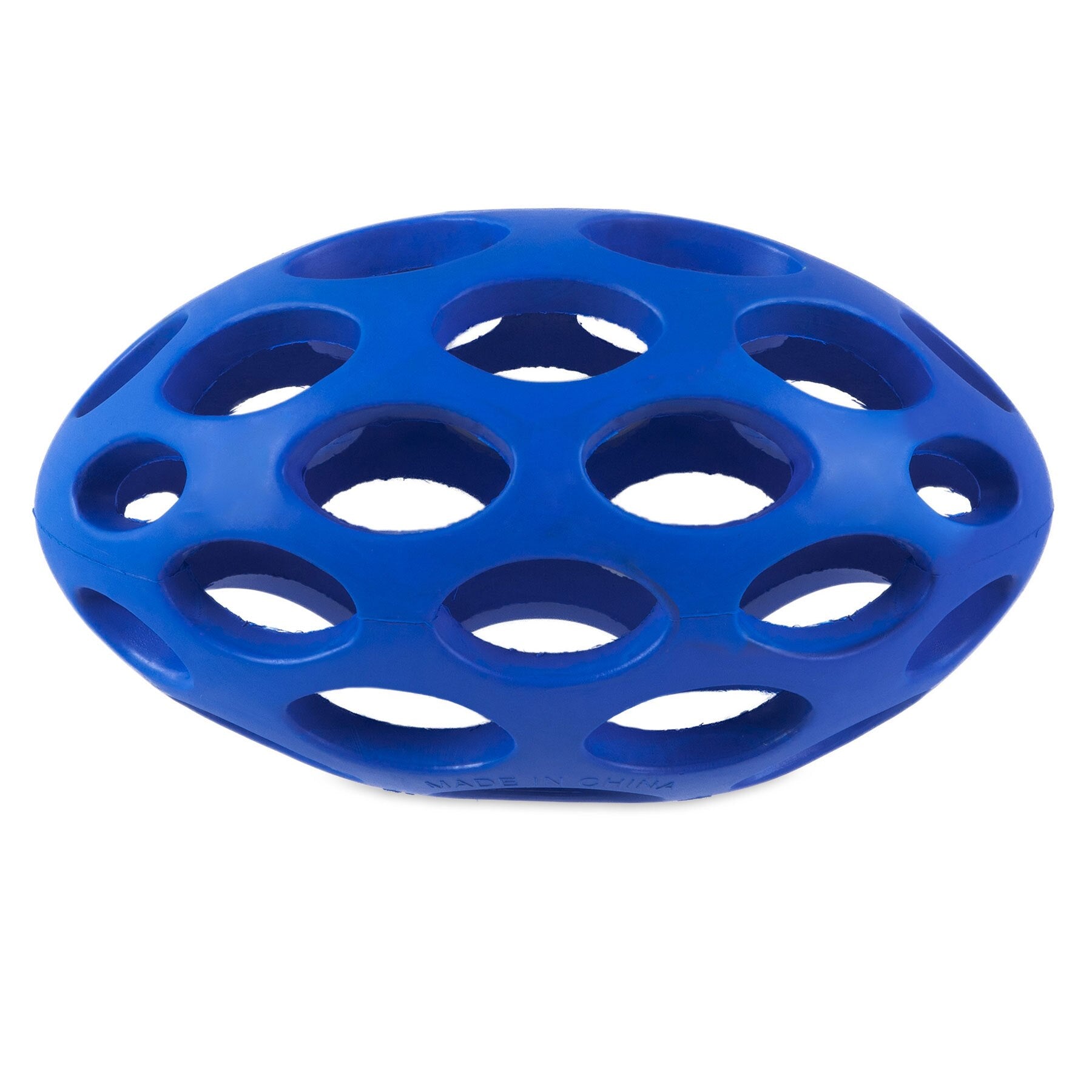The JW Hol-ee Football Dog Toy by Jw is a blue, oval-shaped rubber toy with circular holes, offering a lightweight and flexible design.